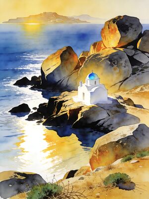 Mykonos Sunset Coast Watercolor Canvas Print