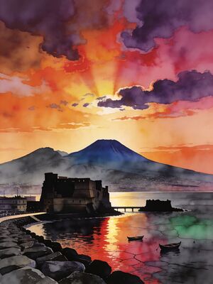 Naples Bay Sunset Skyline Watercolor Canvas Print