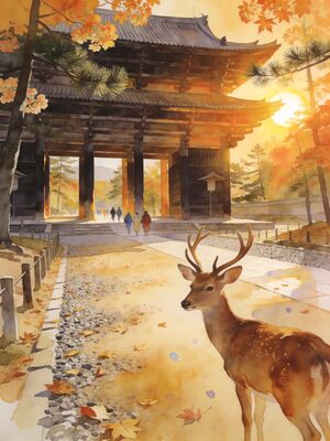 Nara Todaiji Temple with Sacred Deer Watercolor Canvas Print