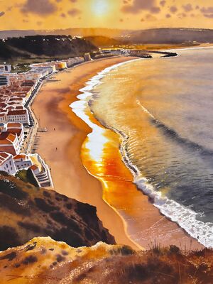 Nazare Sunset Shore Watercolor Canvas Print