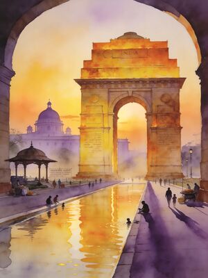 New Delhi India Gate Sunset Watercolor Canvas Print