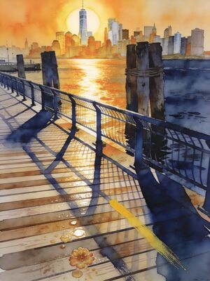 Manhattan Skyline Sunset Watercolor Canvas Print