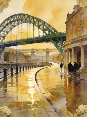Newcastle Tyne Bridge Quayside at Dusk Watercolor Canvas Print