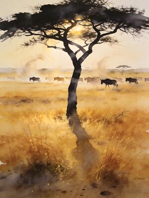 Ngorongoro Crater Wildlife Herds Watercolor Canvas Print