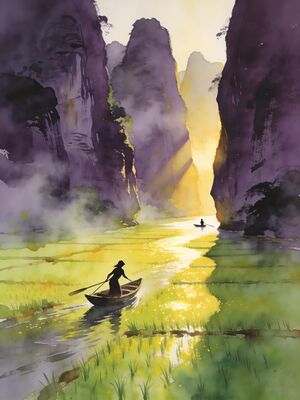 Ninh Binh Tam Coc River through Rice Paddies Watercolor Canvas Print