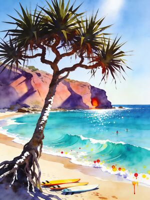 Noosa Main Beach from National Park Headland Watercolor Canvas Print