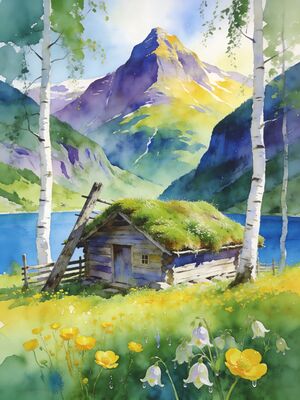 Norway Fjords Summit Panorama Watercolor Canvas Print