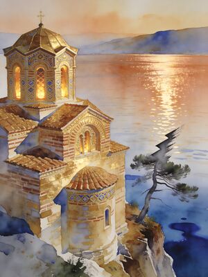 Ohrid Lake Church of St John at Kaneo Watercolor Canvas Print