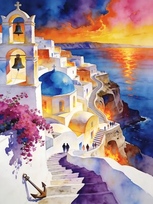 Oia Santorini Blue Dome Caldera Sunset Watercolor Canvas Print
