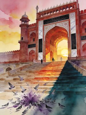 Old Delhi Red Fort Facade Watercolor Canvas Print