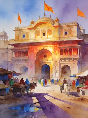 Orchha Chaturbhuj Temple Sunset Watercolor Canvas Print