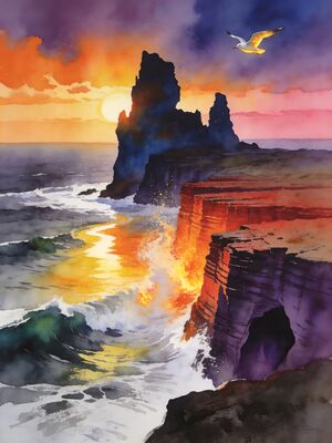 Orkney Islands Sunset Coast Watercolor Canvas Print
