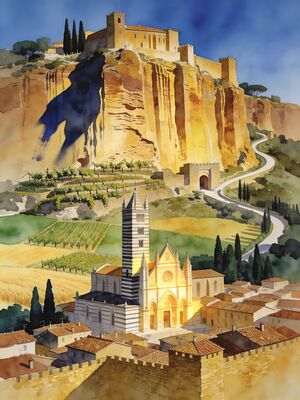 Orvieto Tufa Cliff Village Watercolor Canvas Print