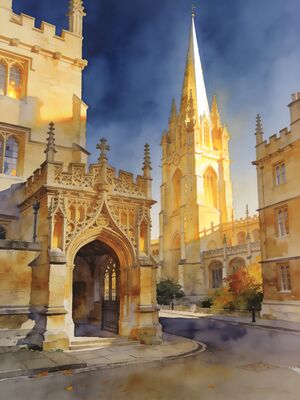 Oxford Historic Church and Town Plaza Watercolor Canvas Print
