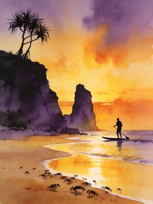 Paddle Boarding in Turquoise Morning Cove Watercolor Canvas Print