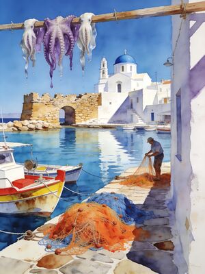 Paros Naoussa Harbor Blue Dome Church Watercolor Canvas Print
