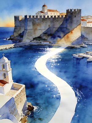 Patmos Monastery Hilltop Harbor Watercolor Canvas Print