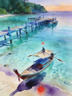 Perhentian Islands Harbor with Boats Watercolor Canvas Print