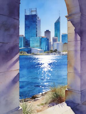 Perth Elizabeth Quay and Swan River Skyline Watercolor Canvas Print