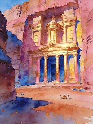 Petra Treasury Through the Siq Canyon Watercolor Canvas Print
