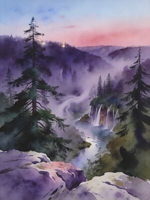 Plitvice Lakes Scenic Overlook Vista Watercolor Canvas Print