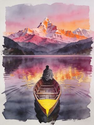 Pokhara Phewa Lake with Annapurna Reflection Watercolor Canvas Print