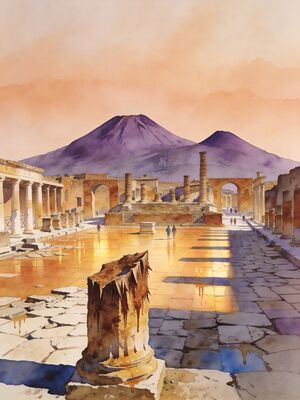 Pompeii Forum Ruins Vesuvius Watercolor Canvas Print