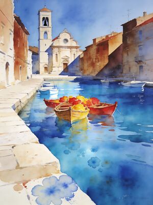 Porec Fishing Boats in Sheltered Bay Watercolor Canvas Print