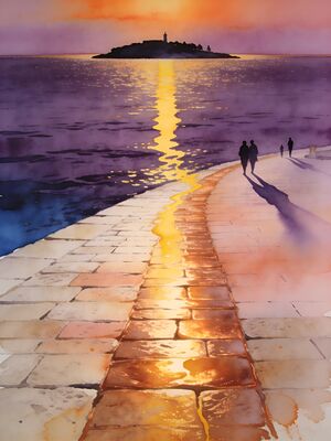Porec Sunset Shore Watercolor Canvas Print