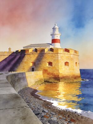 Portsmouth Fishing Boats in Sheltered Bay Watercolor Canvas Print