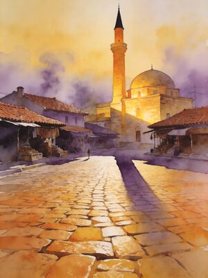 Pristina Sinan Pasha Mosque Old Town Watercolor Canvas Print