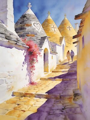 Puglia Ostuni White Lane Watercolor Canvas Print