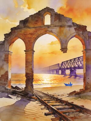 Rameswaram Pamban Bridge Ocean Watercolor Canvas Print