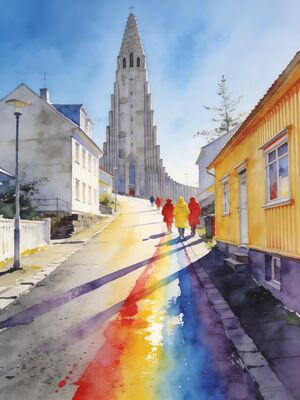 Reykjavik Old Harbour and Mount Esja at Dusk Watercolor Canvas Print