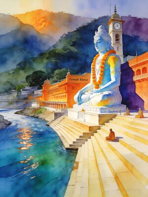 Rishikesh Lakshman Jhula Bridge Watercolor Canvas Print