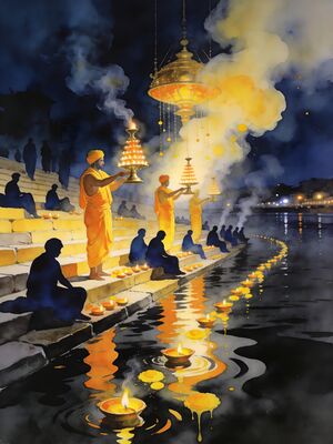 Rishikesh Ganga Aarti at Triveni Ghat Watercolor Canvas Print
