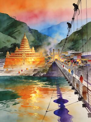 Rishikesh Ashram by the River Watercolor Canvas Print