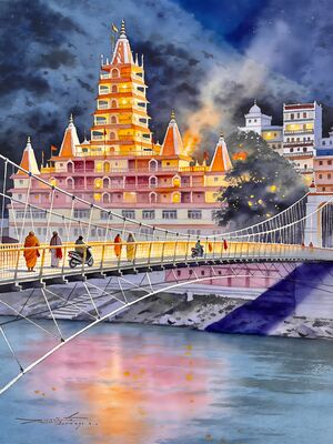 Rishikesh Ram Jhula Temple Towers Watercolor Canvas Print