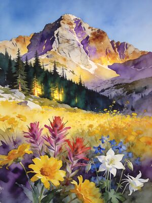 Rocky Mountains Summit Panorama Watercolor Canvas Print