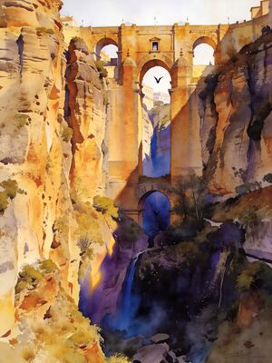 Ronda Puente Nuevo Bridge Gorge Watercolor Canvas Print
