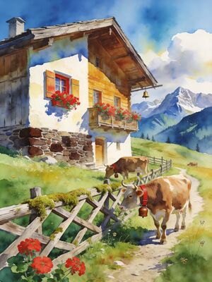 Saalbach Summit Panorama Watercolor Canvas Print