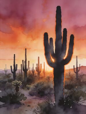 Saguaro Desert Cacti Sunset Watercolor Canvas Print