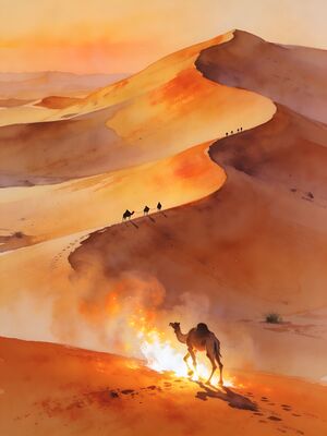 Sahara Desert Erg Chebbi Dunes Camel Caravan Watercolor Canvas Print