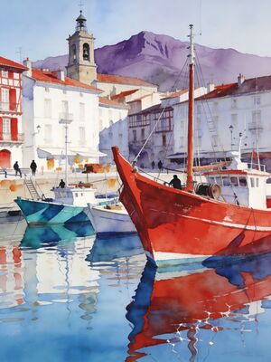 Saint Jean de Luz Fishing Boats Bay Watercolor Canvas Print