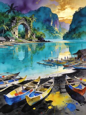 Saint Vincent Palm-Lined Bay Watercolor Canvas Print