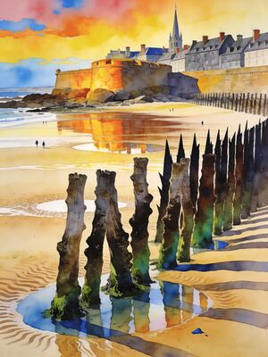 Saint-Malo Walled City Watercolor Canvas Print