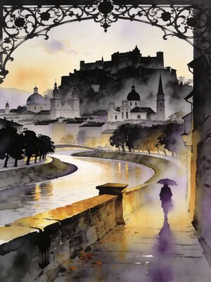 Salzburg Sunset Skyline Watercolor Canvas Print
