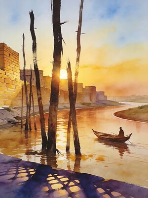 Samawah Old Quarter along Euphrates River Watercolor Canvas Print