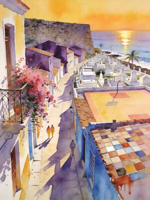 San Juan La Perla Neighborhood Sunset Watercolor Canvas Print