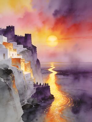 Santorini Sunset Coast Watercolor Canvas Print